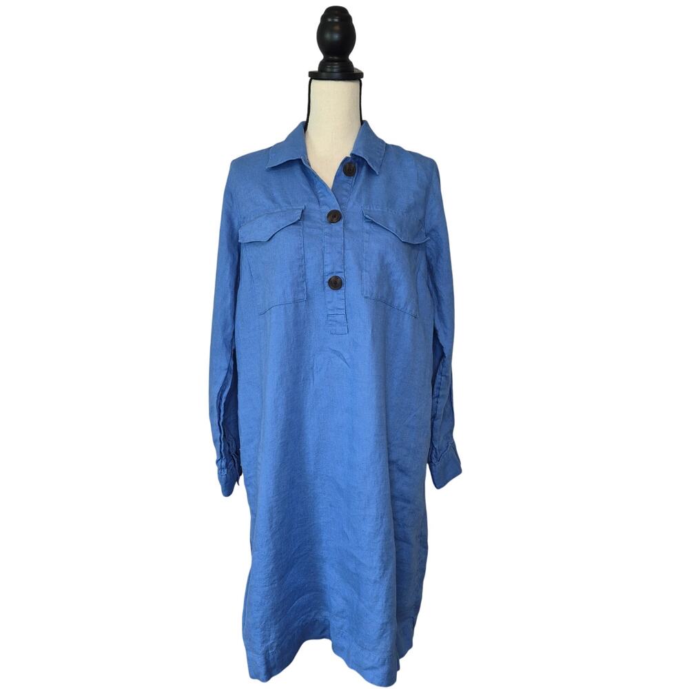 J Jill Blue Linen Popover Shirtdress Midi Shift Utility Pocket Long Sleeve Sz S